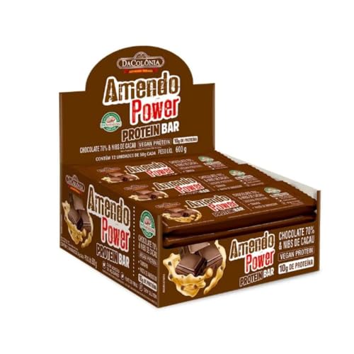 Barra de Proteína DaColônia 12 Unidades Amendo Power Chocolate 70% e Nibs Cacau